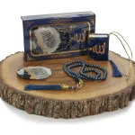 HEDİYELİK KUTULU SET MİNİ KURAN EPOKSİ AYET ve İNCİ MODEL TESBİH LACİVERT RENK