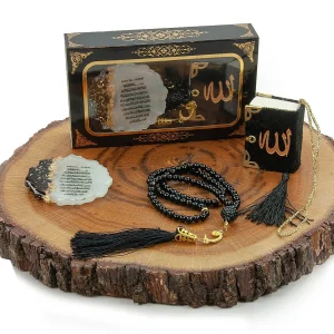 HEDİYELİK KUTULU SET MİNİ KURAN EPOKSİ AYET ve İNCİ MODEL TESBİH SİYAH RENK
